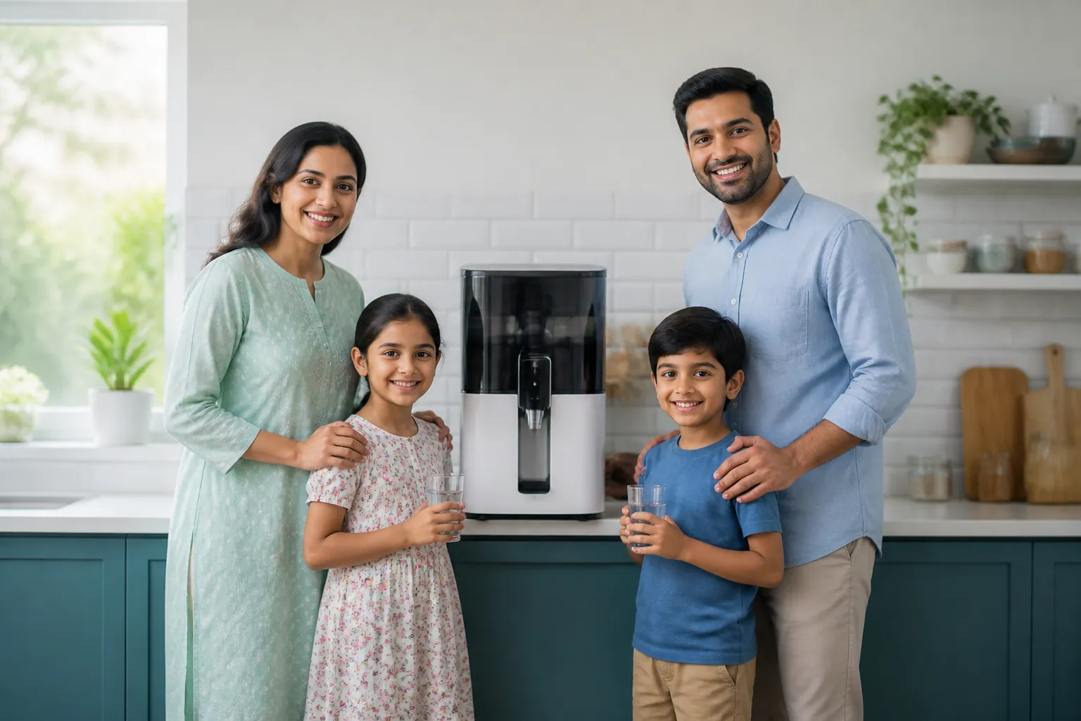 Happy Indian family with their new water purifier in a bright Dehradun home kitchen