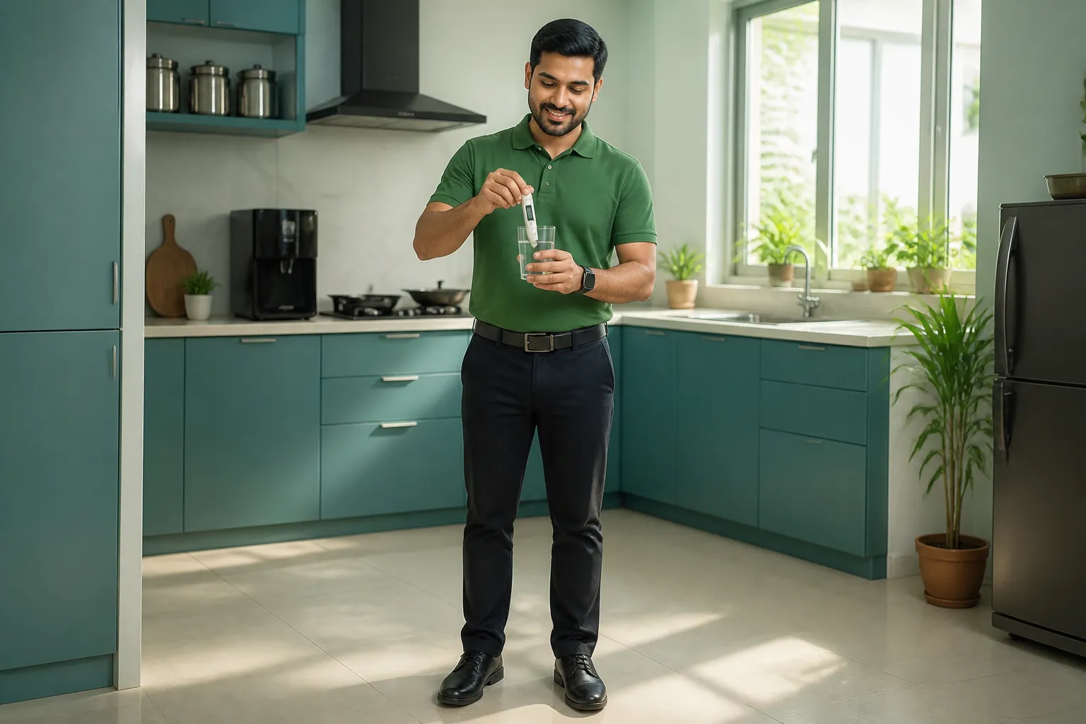 Deepak from Green S Enterprises testing water quality with a TDS meter in a Dehradun home